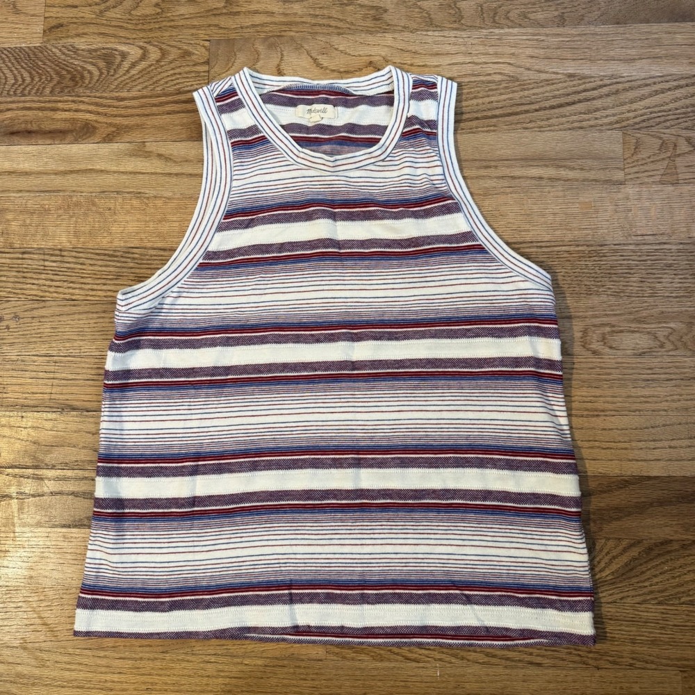 Madewell Striped High Neck Tank Top Red White Blue Cotton Blend Size L